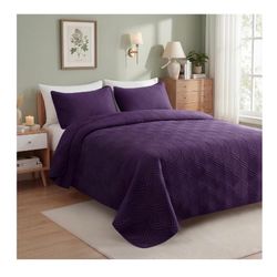 Whale Flotilla Quilts Queen Size, 3-Piece Soft Lightweight Modern Geometric Full Queen Quilt Bedding Set Bedspread Coverlet for All Seasons, Purple