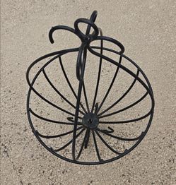 Hand forged black wrought iron hanging planter basket. 14 inch diameter, 26 inch height. Great for plants or fruit display. Minor rust on bottom, soli