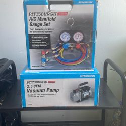 PITTSBURGH  A/C  MANIFOLD  GAUGE AND  VACUUM  PUMP  2.5CFM  SET WITH VACUUM OIL