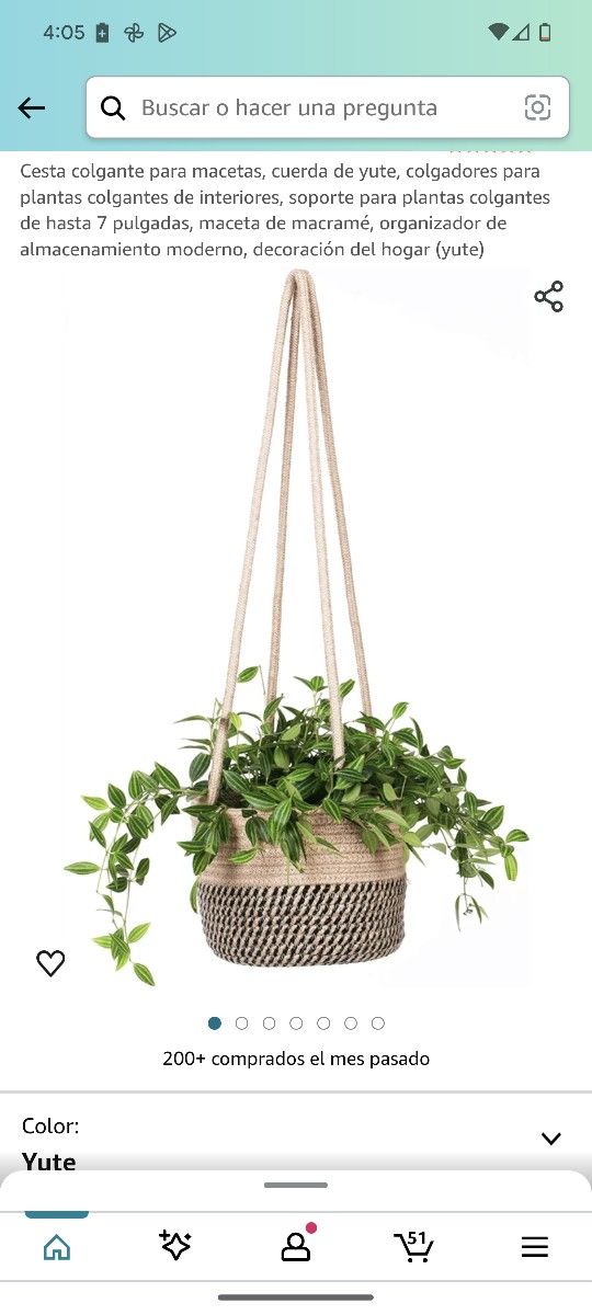 Hanging Planter Basket, Jute Rope Indoor Hanging Plant Hangers, Hanging Plant Holder up to 7 Inch, Macrame Flower Pot, Modern Storage Organizer, Home 