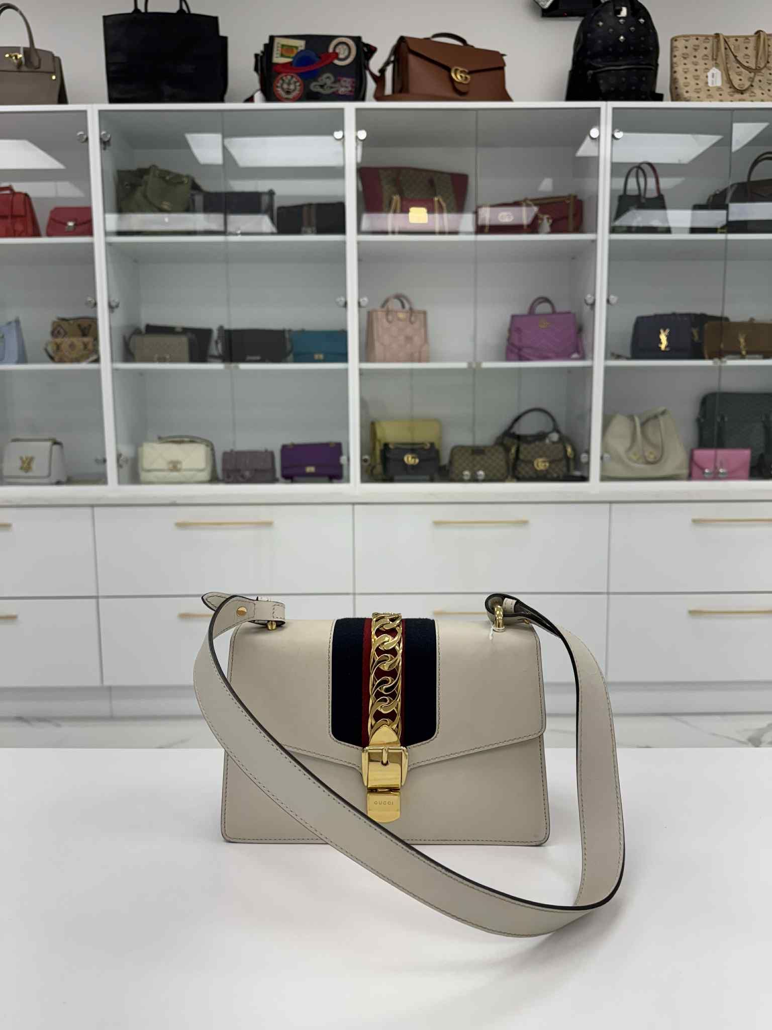 Gucci Sylvie Small Calf Skin Shoulder Bag Off White