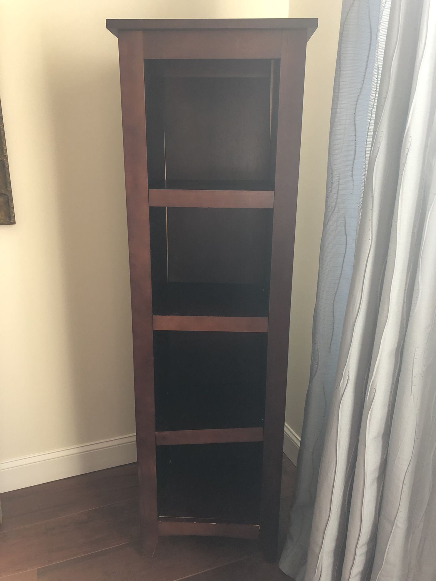 two x dark wood book shelves. 63" tall x 18" wide x 13" deep
