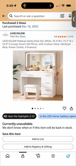 LIVELYGLOW Makeup Vanity Desk Set, White, 35.4"W × 15.7" D x 53.9" H (Large Smart LED Mirror, with Cushion Stool, Hairdryer Rack, Power-Outlet, 4 Draw