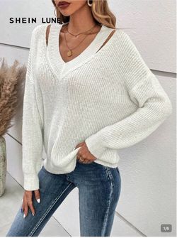 SHEIN LUNE White Knit Cutout Sweater