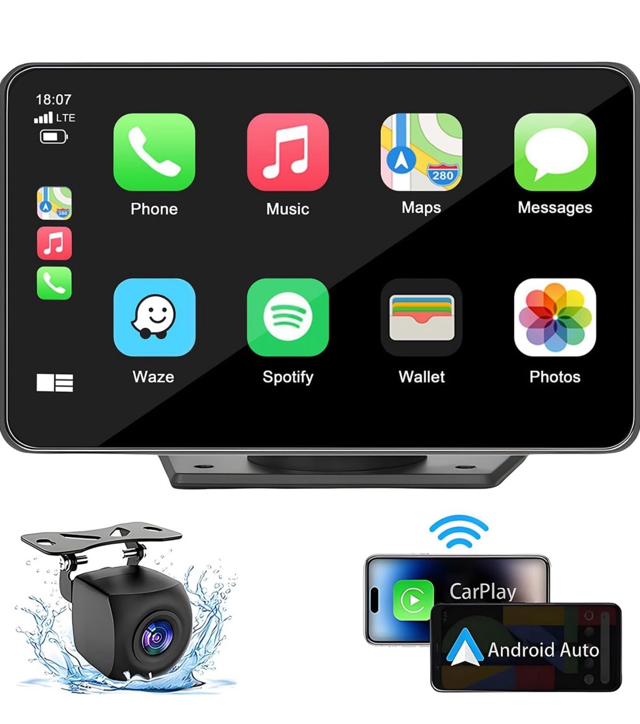 7" HD Portable Carplay Wireless Touch Screen Double Din Car Stereo Compatible Apple Carplay and Android Auto with GPS Navigation, Voice Control, Mirro