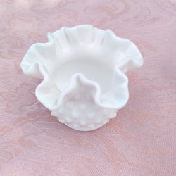 VTG-Fenton White Milk Glass Hobnail Ruffled 3" Vase Double Crimped