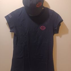 Women's Harley Black T Shirt and Cap, Pink Trim For Breast Cancer Awareness 