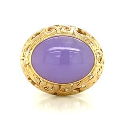 Designs 14k Yellow Gold Lavender Jade Ring 🥰💍  Rare 14 karat yellow gold ring set with large lavender jade. Stamped "MINGS" inside the shank.  For s
