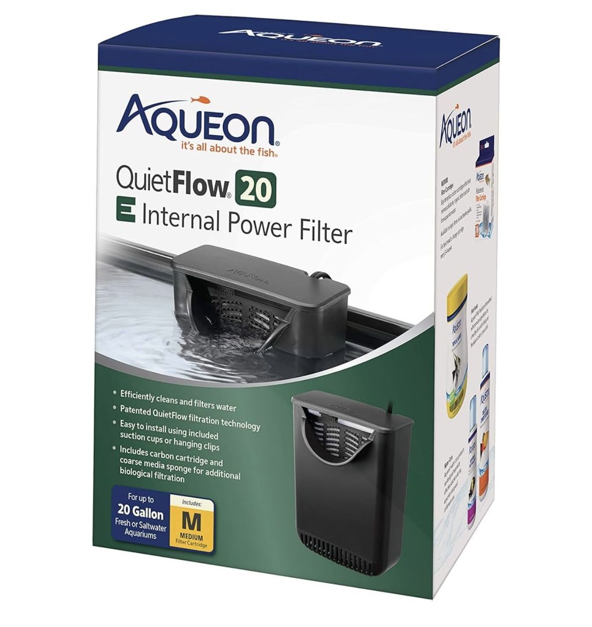 Aqueon QuietFlow E Internal Power Aquarium Filter Medium - 20 Gallon With 9 Replacement Filter/Cartridge, No Box