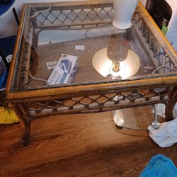 GLASS BROWN  RATTAN COFFEE TABLE 