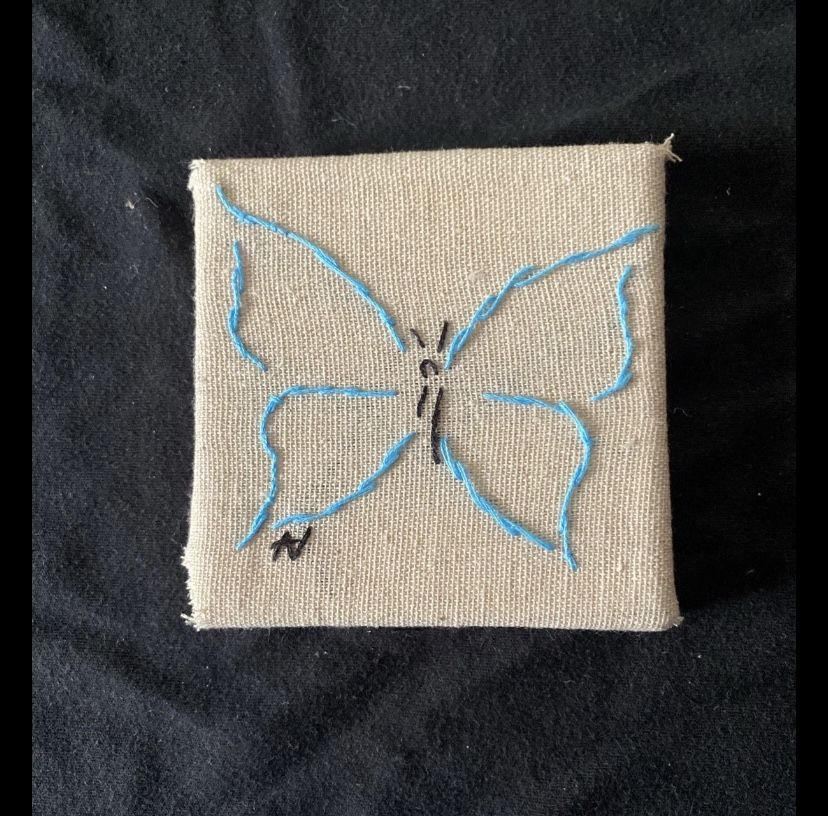 Homemade Blue Butterfly On Tan Canvas Embroidery. 4in*4in DIY Art Wall Hanging 
