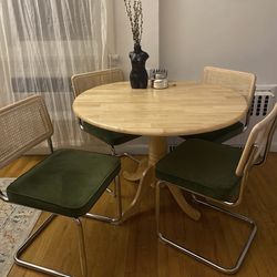 Mid Century Modern Dining Chairs Set of 4, Natural Rattan Dining Chairs with Solid Wood Back & Chrome Base, Upholstered Velvet Fabric, Green
