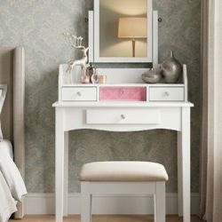 Vanity Makeup Mirror Dresser Table Stool Set White 3 Storage Drawers Wooden