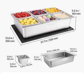 Six Container Set for Condiments, Pizza Toppings, Salsa. Holds Ice, Stainless Steel and Plastic Covers, NEW