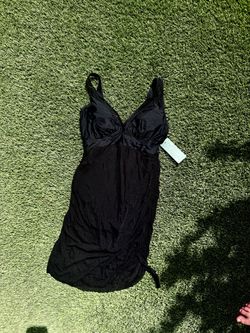NWT Black Mesh One Piece Swimdress Drawstring Ruched Swimsuit Tummy Control