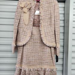 Anne Klein 2pc Skirt Suit Sz 6P Petite Pink Multi Tweed Frayed Flared Silk Lined