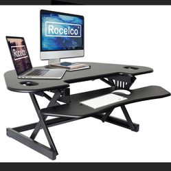 Rocelco 46" Height Adjustable Corner Standing Desk Converter, Quick Sit Standup Dual Monitor Riser, Gas Spring Assist Tabletop Computer Workstation, L