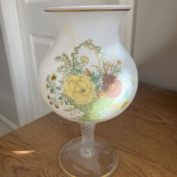 Vintage Satin Glass Floral Globe Footed Candle Holder 9.5" Tall