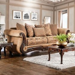 Vintage Glam Sofa with Ornate Wood Trim Couch Sleigh Style