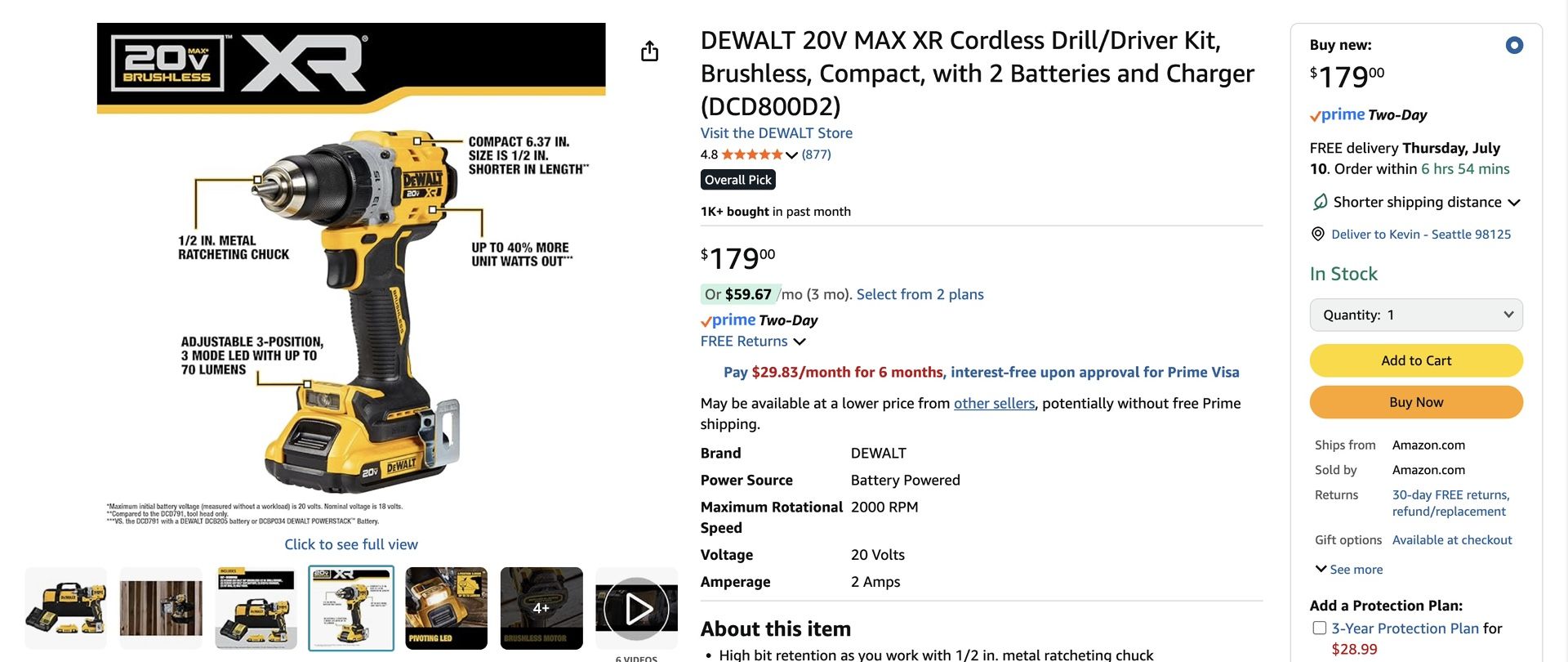 Dewalt 20V Max XR Drill/Driver (DCD800) NEW