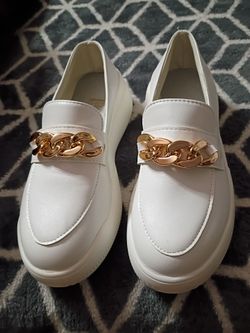 White Platform Loafers with Gold Chain
