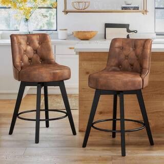 Whiskey Brown Leather Swivel Barstool Set Of 2