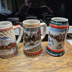 Set Of 3 BUDWEISER Christmas Beer Steins Vintage $30 OBO