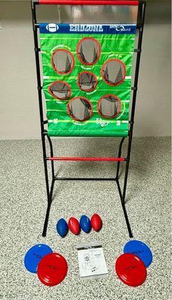 The Sport Squad Endzone Challenge is a versatile 2-in-1 backyard game that combines both a football and flying disc toss. It features a durable, light