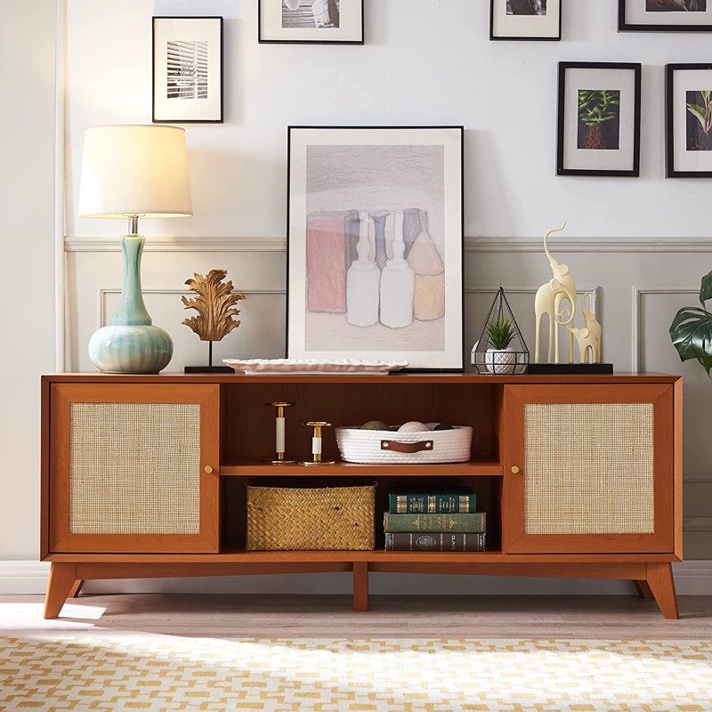 TV Stand for 75+ Inch TV, Mid Century Modern Entertainment Center with Natural Rattan Door, Storage Shelves, Large Boho Media TV Console, Lo