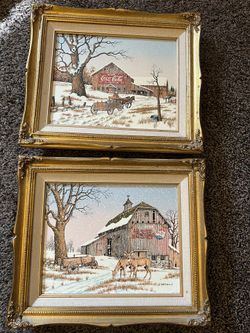 Two vintage C.Carson Coke Cola Canvas pictures