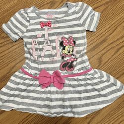 3T Minnie in Paris dress. Gray and white striped with bows and Minnie in Paris scene