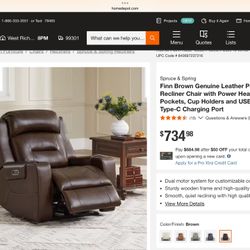 SPRUCE & SPRING Brown Genuine Leather Power Recliner Chair with Power Headrest, Pockets, Cup Holders and USB & Type-C Charging Port
