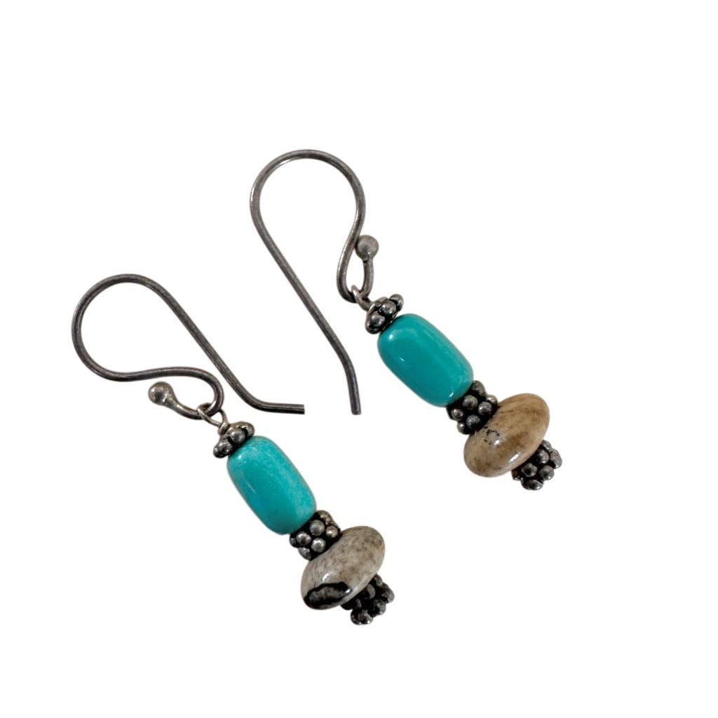 Sterling Silver Drop Earrings – Amazonite or Turquoise with Jasper Accents