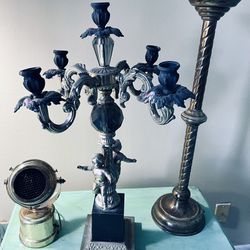 Bronze Gothic cherub candelabra, brass mid century spotlight & candlestick