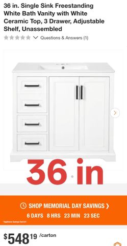 36 in. Single Sink Freestanding White Bath Vanity with White Ceramic Top, 3 Drawer, Adjustable Shelf, Unassembled