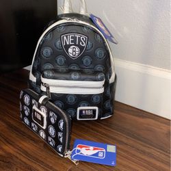 LOUNGEFLY NBA Brooklyn Nets Logo Mini Backpack & Matching Wallet. New