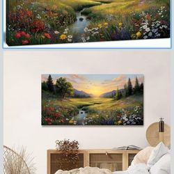 Large Green Landscape Canvas Wall Art for Living Room Sunset Mountain Wildflowers Canvas Prints Nature Scenery Artwork for Bedroom Office Home Decor 2