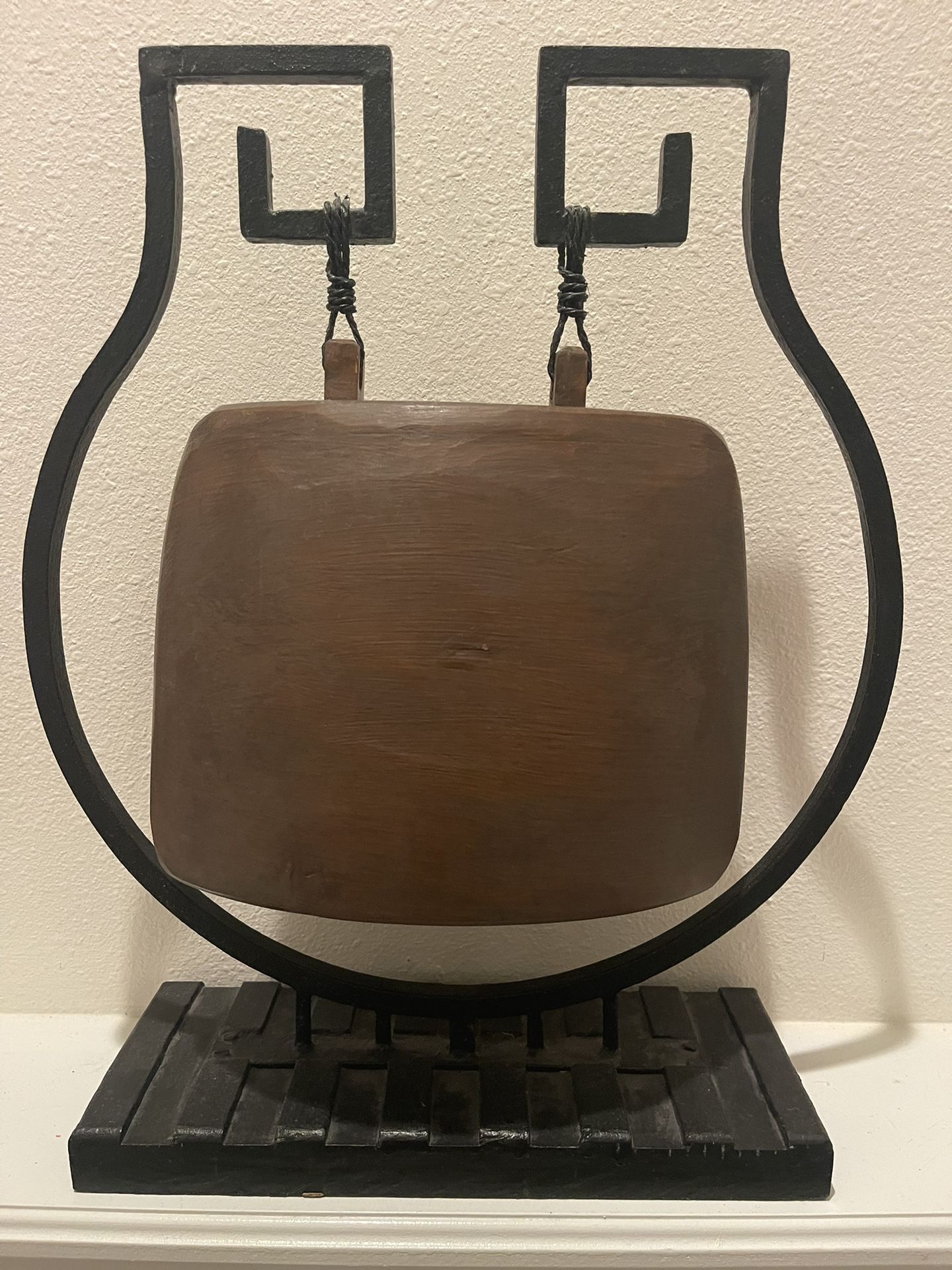 . Vintage Primitive Tibetan Asian Buddhist Wooden Gong Iron Holder Wooden Base