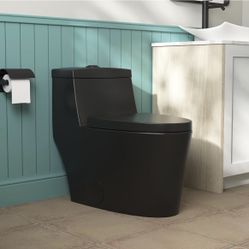 One Piece Toilet Elongated 1.1/1.6 GPF Dual Flushing Toilets with 17" ADA Comfortable Chair Seat 12" Rough-In High-Efficiency Black Toilet DV-1F52636B