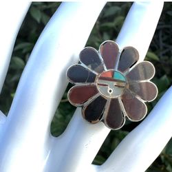 Zuni  Multi Stone Turquoise  Sun Face   Flower Ring
