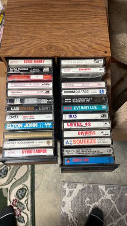 Cassettes and holder, mostly 80’s rock