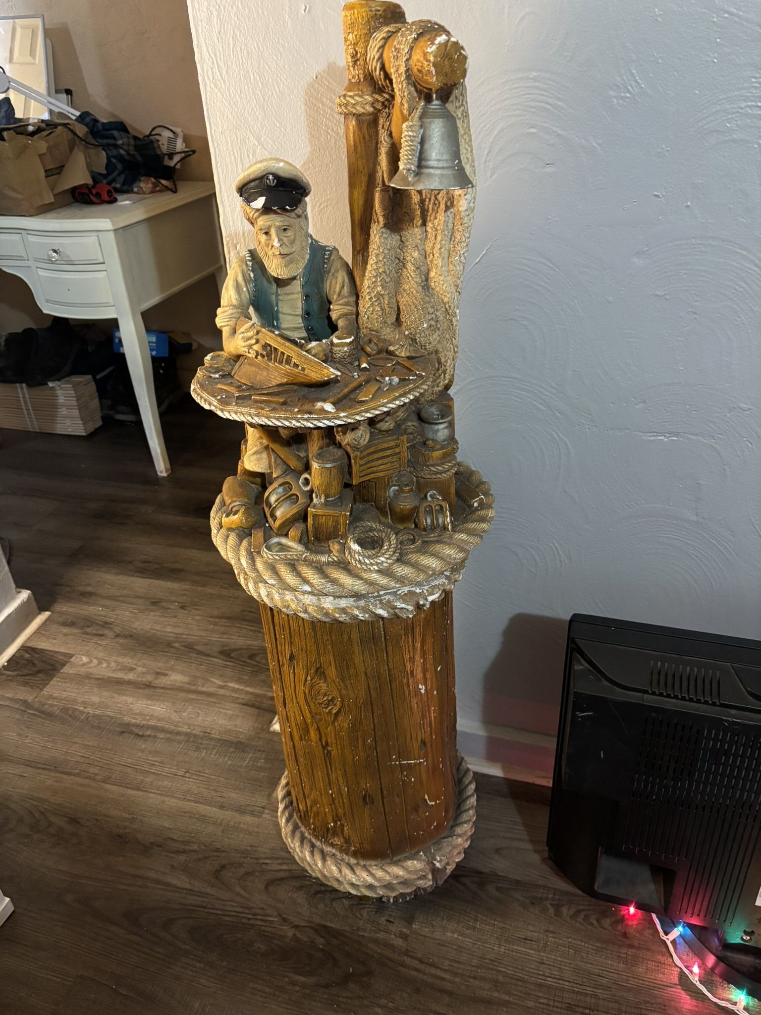 This is a vintage Apsit Bros. of California nautical lamp sculpture featuring a sea captain or fisherman figure.
