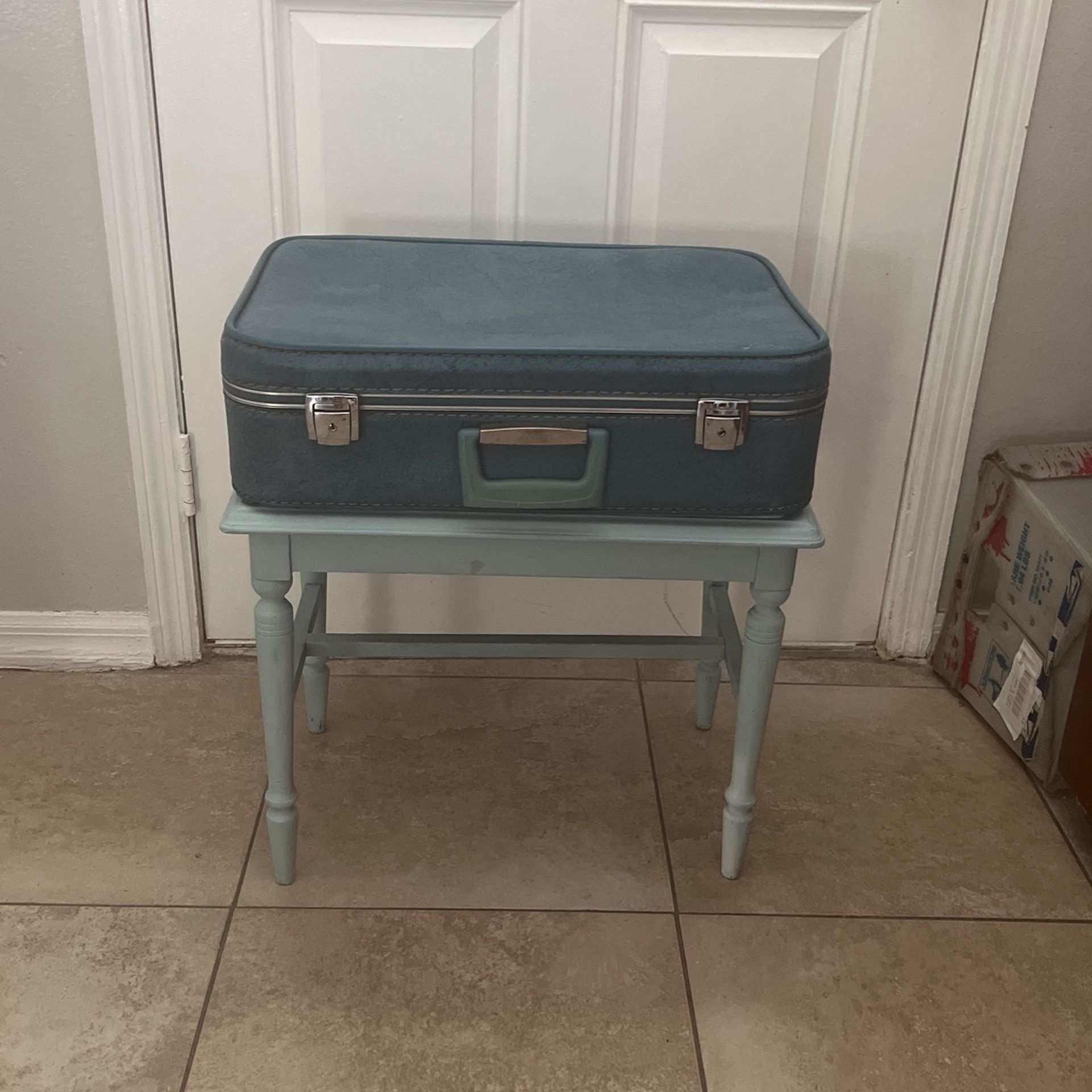 Vintage blue suitcase Storage Table Toys Linens More