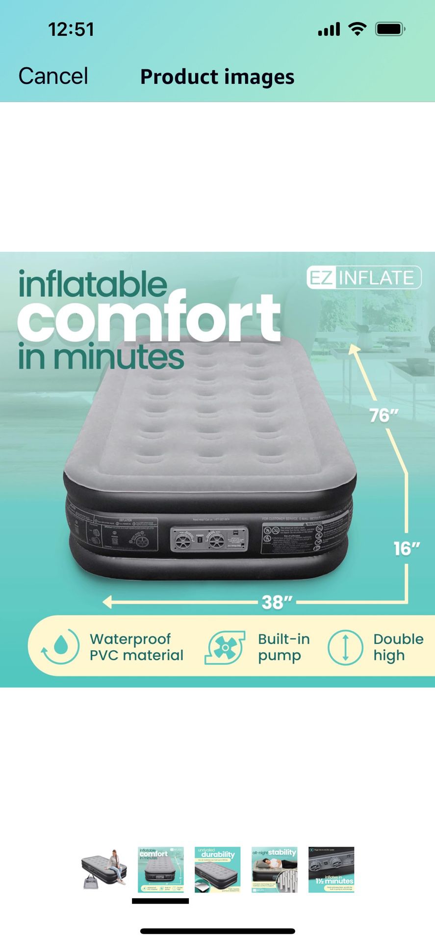 EZ INFLATE Double High Luxury Air Mattress with Built in Pump -Twin