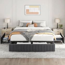 Queen Upholstered Platform Bed with 4 Storage Drawers, No Fixed Headboard, Mattress Foundation Grey Brand New still in the box D570