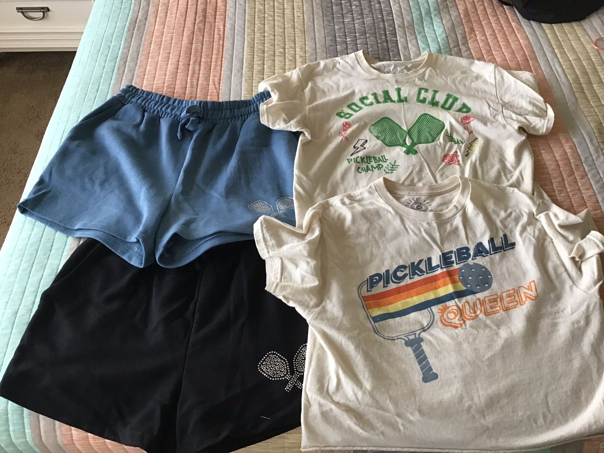 Pickleball Clothing~two cut off  t-shirts~two pairs sweat shorts with rhinestone paddle designs~Medium~used in good condition  Pick up at Four Mile Co