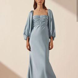 Shona Joy blue dress "Luxe Ruched Bodice Long Sleeve Midi Dress - Azure" US 6