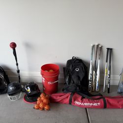 2 Softball/baseball Bags, 3 Bats (2 Ghost), Bucket of Sof