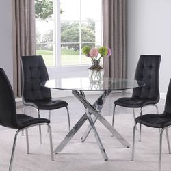 ✅️✅️5 Piece Round Table Dining Set in Clear, Chrome & Black Finish✅️