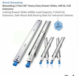 BreezeHug 2 Pairs 60" Heavy Duty Drawer Slides, 440 lb, Full Extension Locking Drawer Slides 440lbs Load Capacity, 3-fold Full Extension, Side Mount B